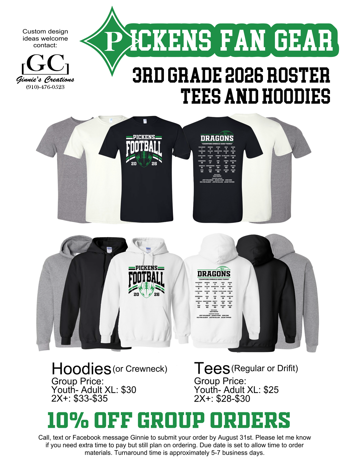 Pickens Dragons Football 2nd Grade Roster T-shirt