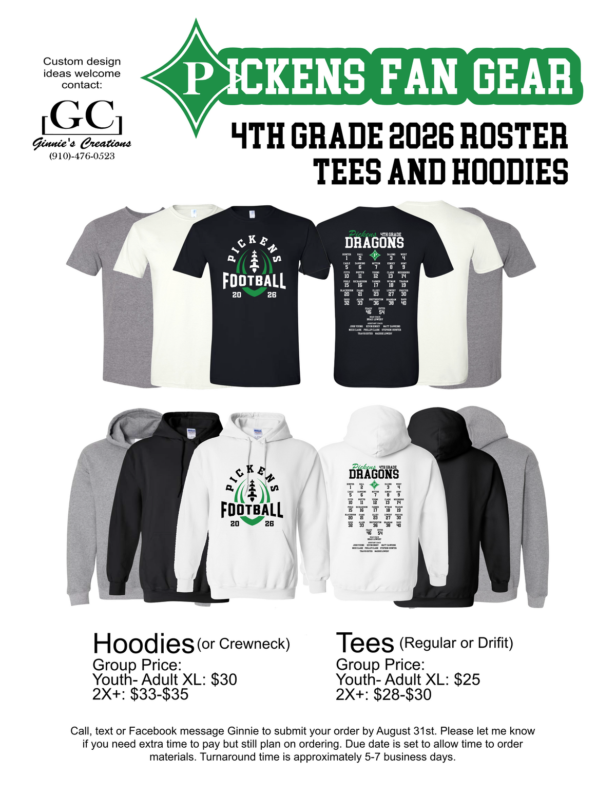Pickens Dragons Football 4th Grade Roster Hoodie