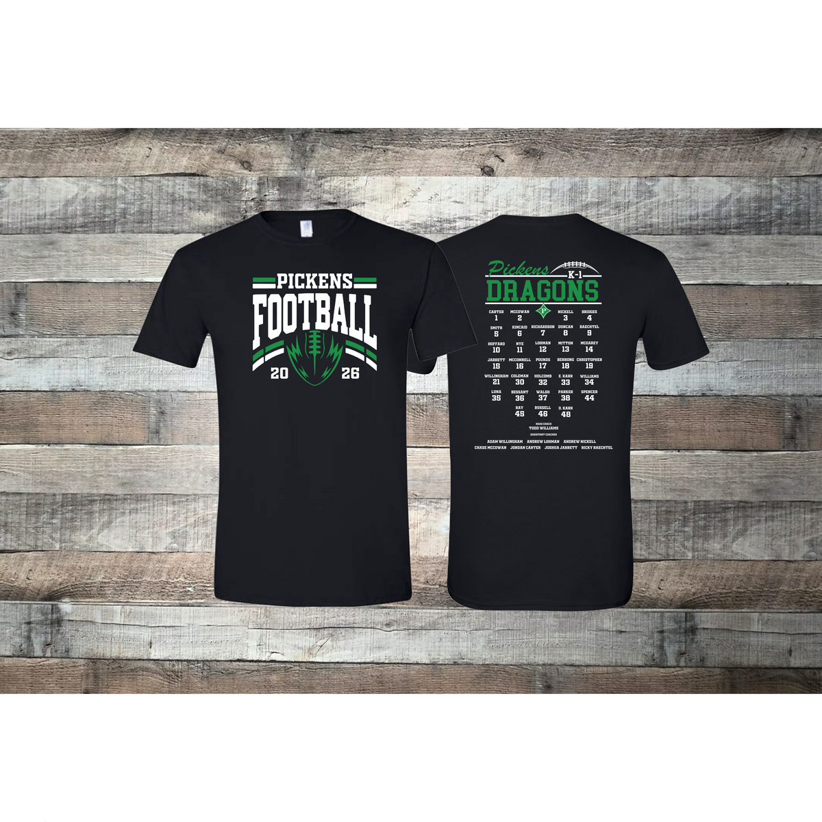Pickens Dragons Football k-1 Roster T-shirt