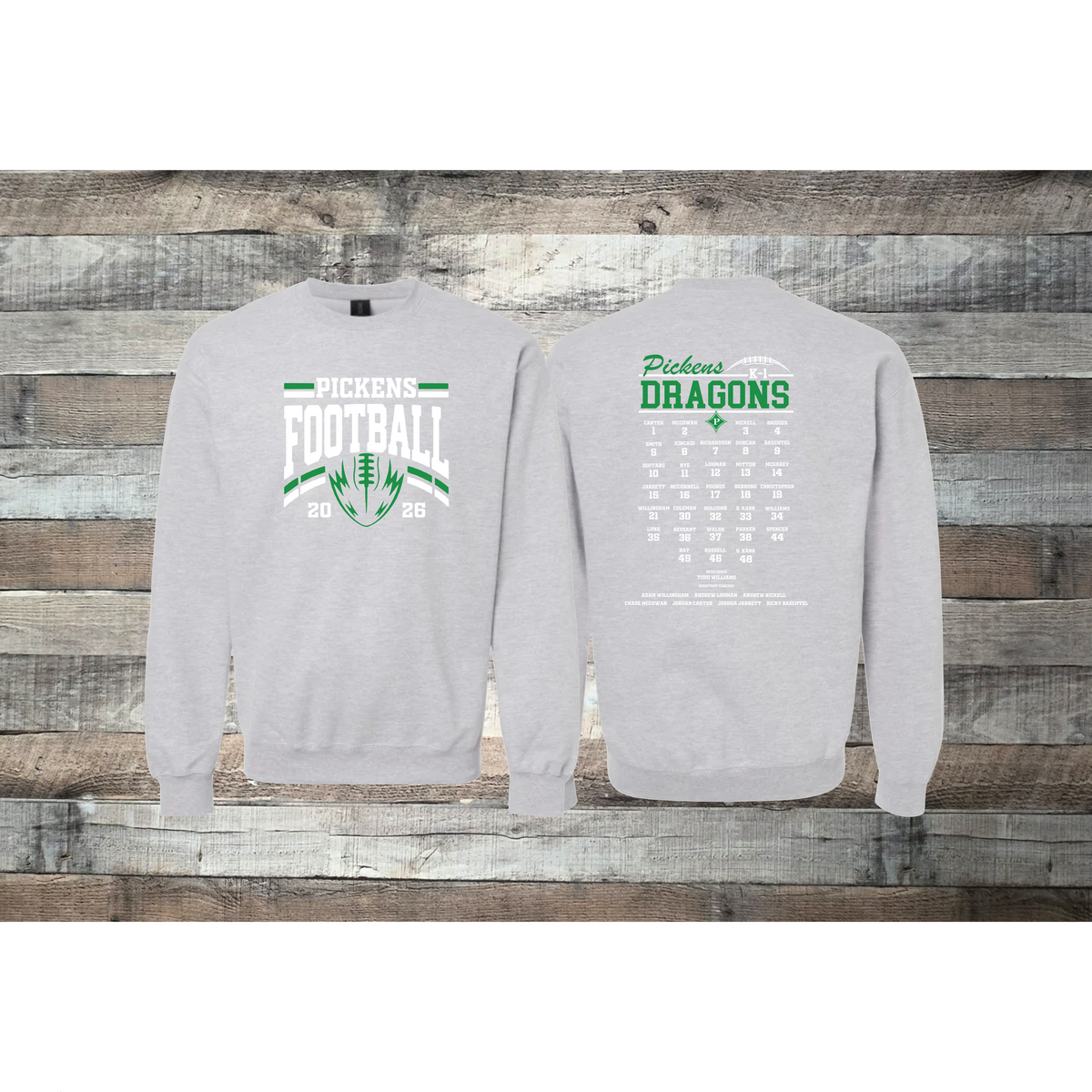 Pickens Dragons Football k-1 Roster Crewneck Sweatshirt